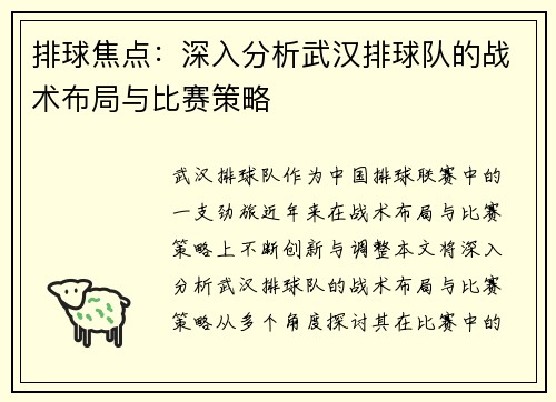 排球焦点：深入分析武汉排球队的战术布局与比赛策略