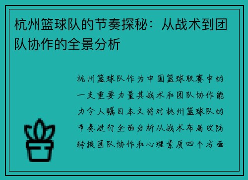 杭州篮球队的节奏探秘：从战术到团队协作的全景分析